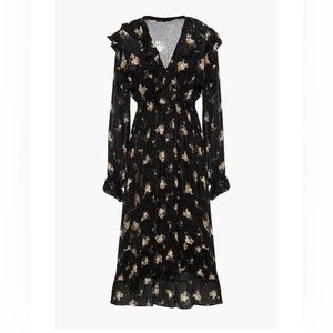 MAJE Black Ruffled Black Long Sleeves Floral High Low Midi dress size 36 -Small